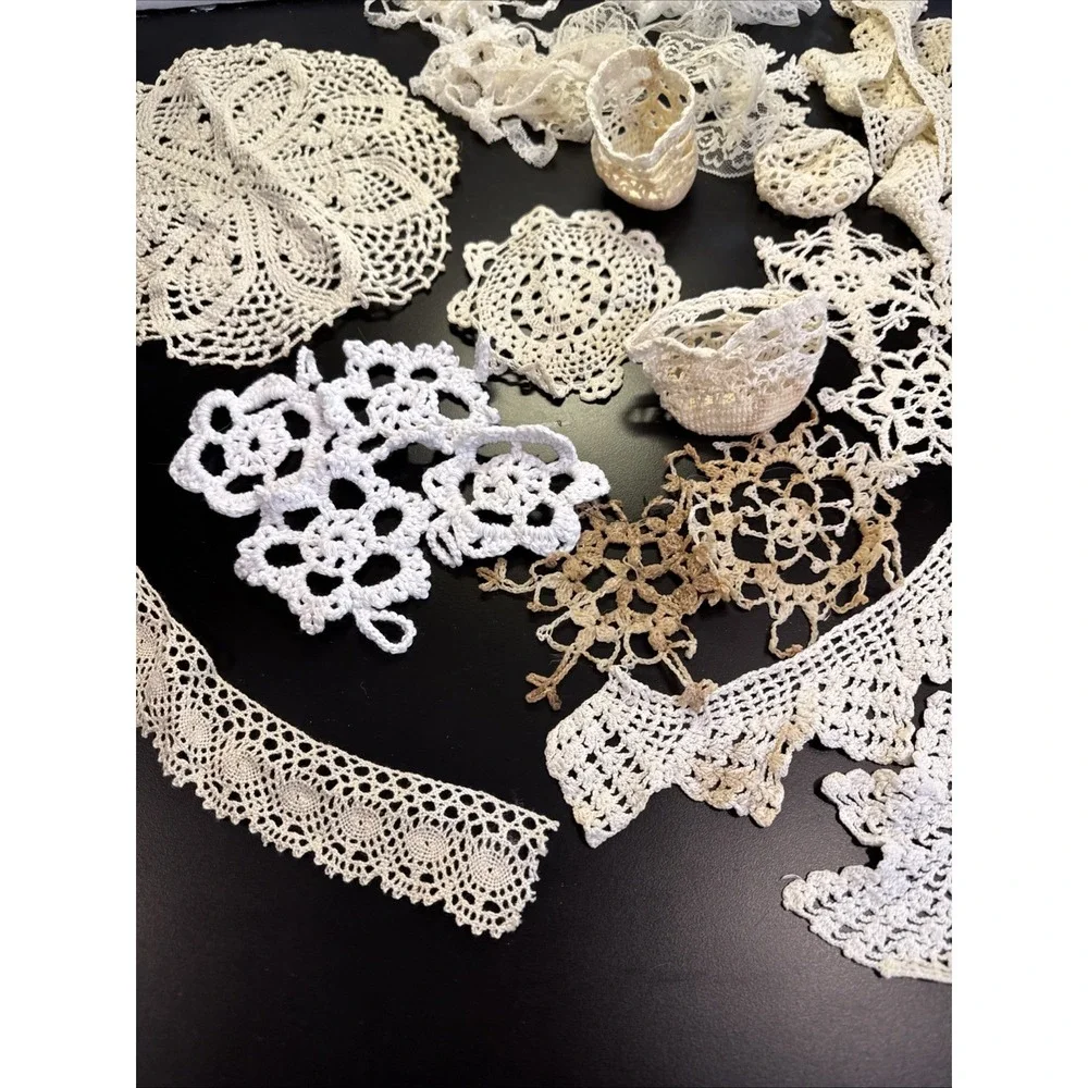 20 Hand Crochet Doilies Cotton Crocheted Lace Vintage Lace Ornaments Estate Find
